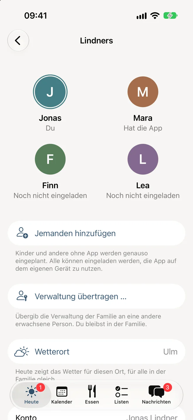 Bildschirm „Lindners“: Jonas, Mara, Finn und Lea mit ihrem Stand – „Hat die App“, „Noch nicht eingeladen“ – und „Jemanden hinzufügen“.