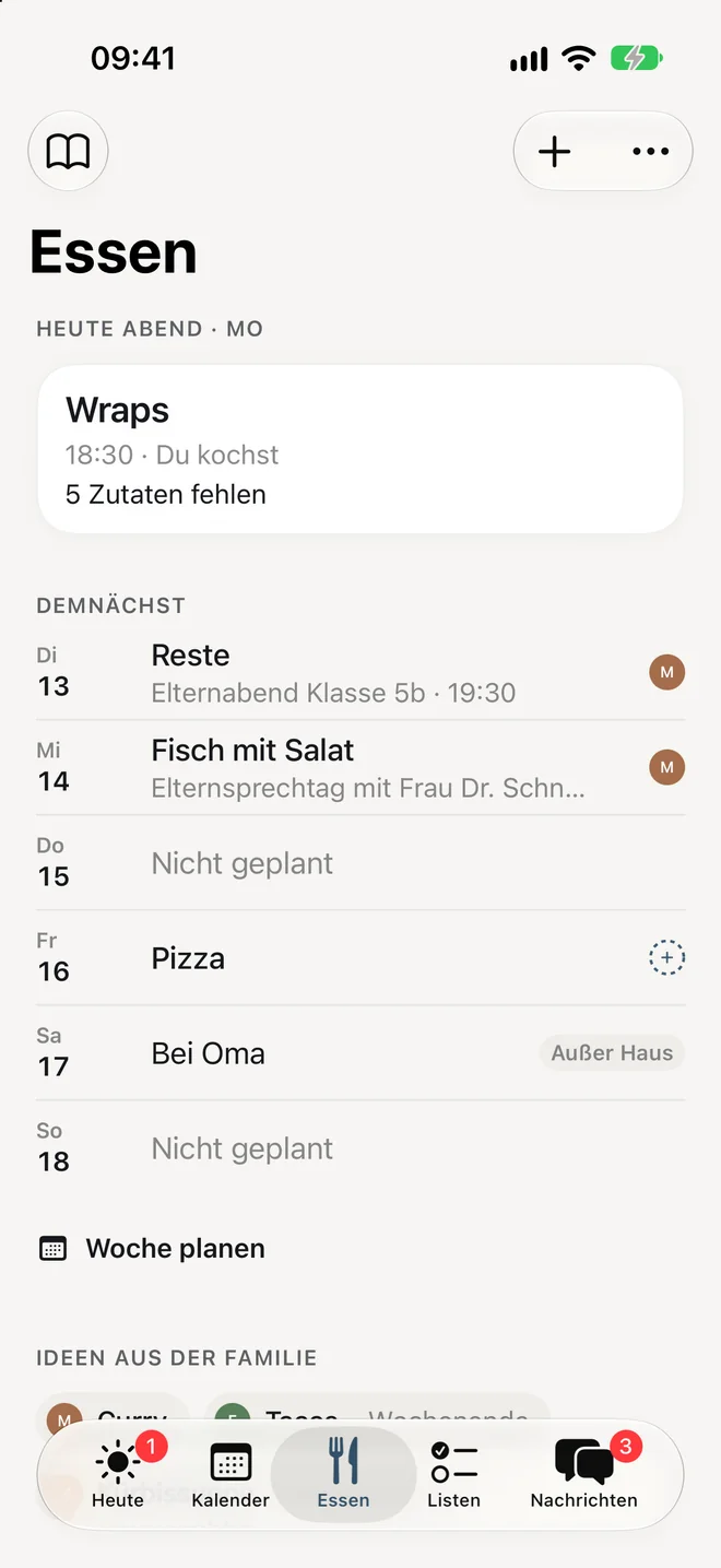 Bildschirm „Essen“: heute Abend Wraps um 18:30, „Du kochst“, fünf Zutaten fehlen; darunter die Abende der Woche und Ideen aus der Familie.