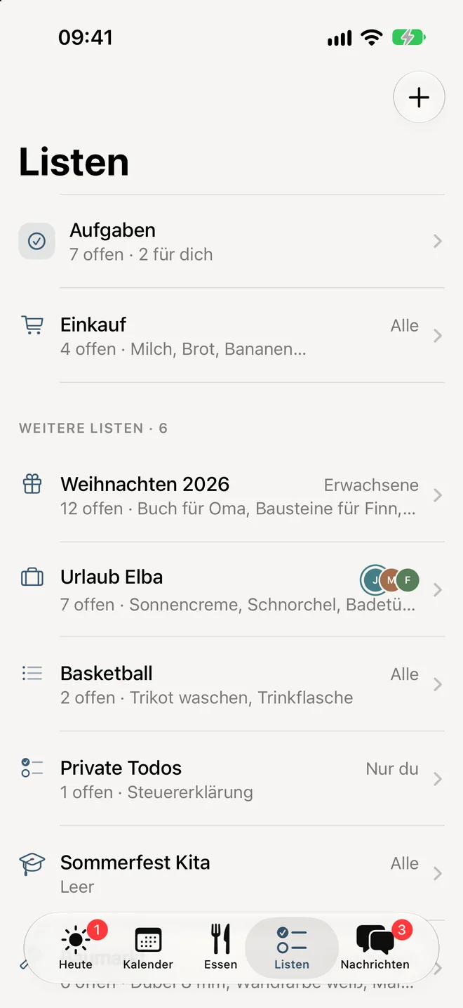 Bildschirm „Listen“: Aufgaben, Einkauf, Weihnachten 2026, Urlaub Elba, Basketball, Private Todos und Sommerfest Kita mit Sichtbarkeit.