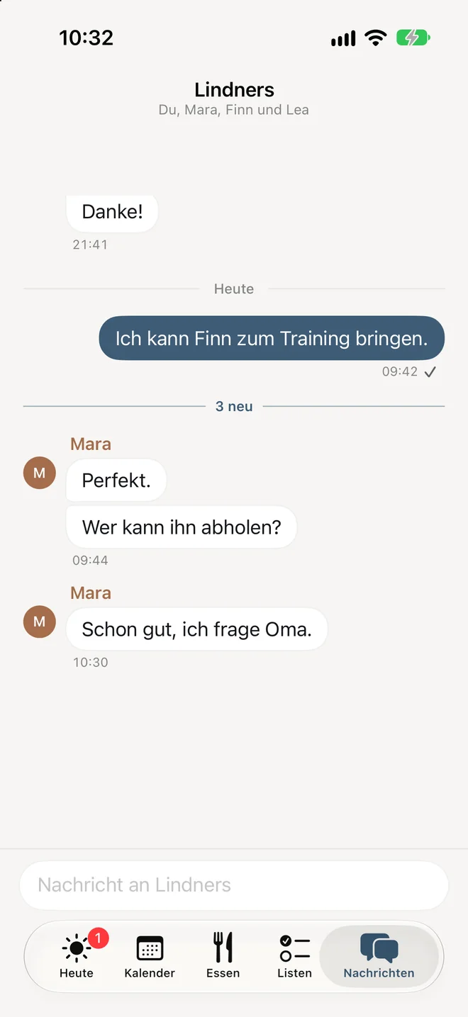 Familienkanal „Lindners“ mit kurzen Nachrichten: „Ich kann Finn zum Training bringen.“ – „Perfekt.“ – „Wer kann ihn abholen?“