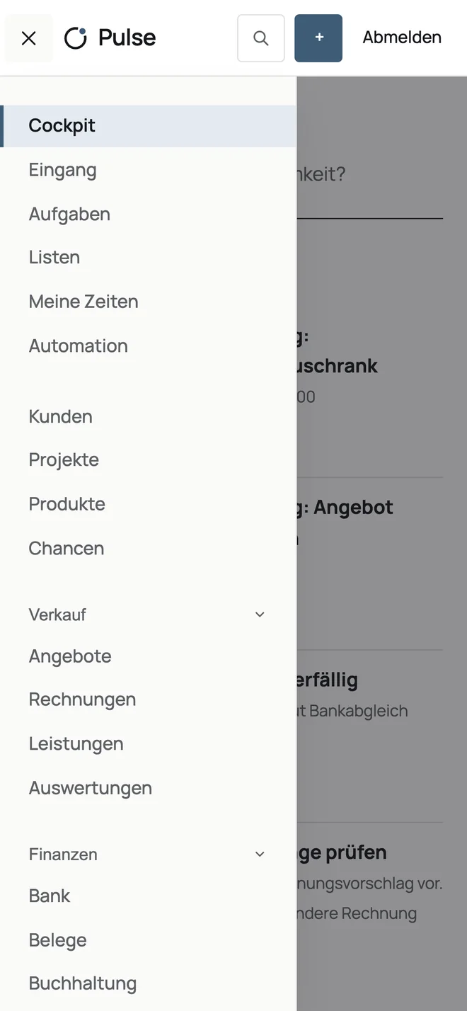Geöffnetes Menü von Pulse in einem schmalen Browserfenster: Cockpit, Eingang, Aufgaben, Kunden, Chancen, Verkauf und Finanzen.