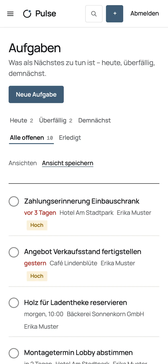 Aufgabenliste von Pulse in einem schmalen Browserfenster.