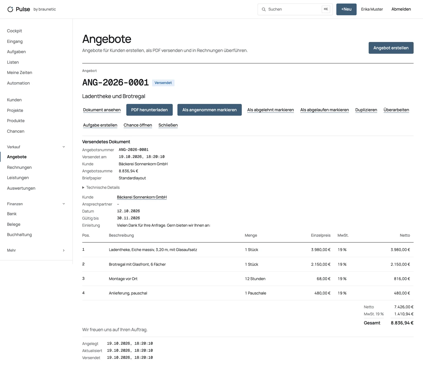 Angebot ANG-2026-0001 „Ladentheke und Brotregal“ für die Bäckerei Sonnenkorn GmbH: vier Positionen, Gesamtsumme 8.836,94 €.