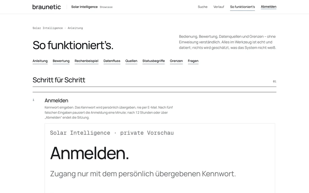 Anfang der Seite „So funktioniert’s“ in Solar Intelligence: Abschnittsnavigation und Schritt 1 „Anmelden“ mit Aufnahme der Anmeldeseite.