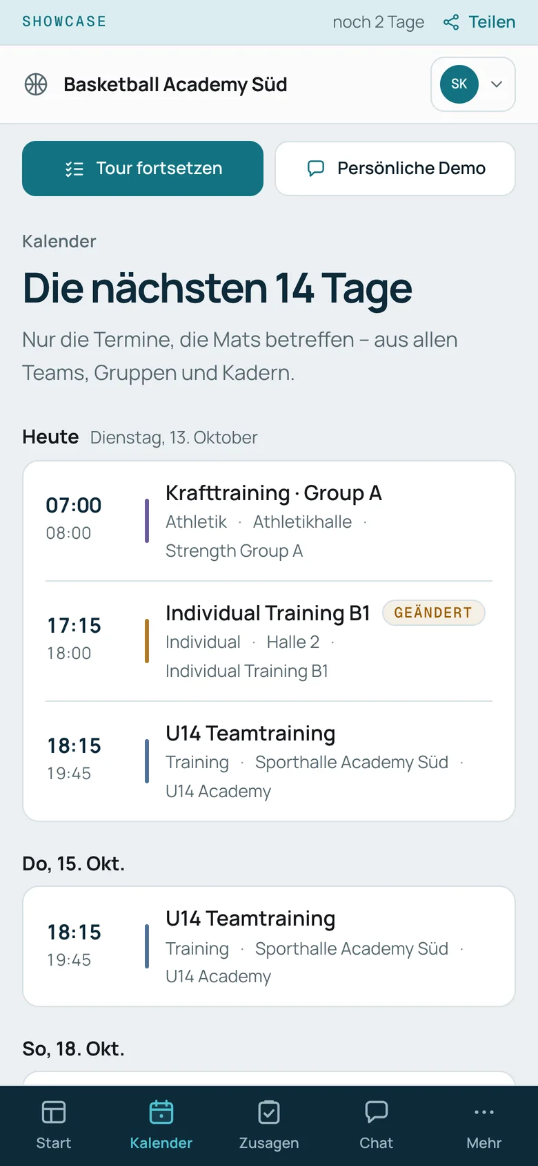 Kalender eines Elternteils auf dem Smartphone: die nächsten 14 Tage mit den Terminen, die das eigene Kind betreffen – Krafttraining, ein geändertes Individualtraining, Teamtraining.