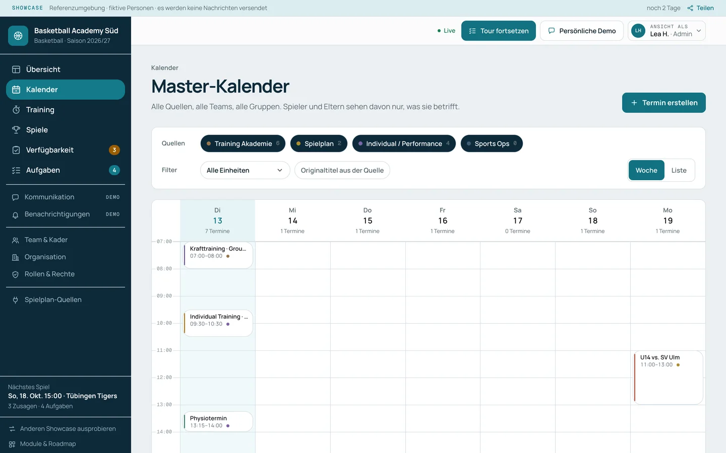 Master-Kalender der Basketball Academy Süd in der Wochenansicht: Quellen Training Akademie, Spielplan und Individual/Performance mit Filter nach Einheiten; Termine von Krafttraining bis zum Spiel U14 gegen SV Ulm.